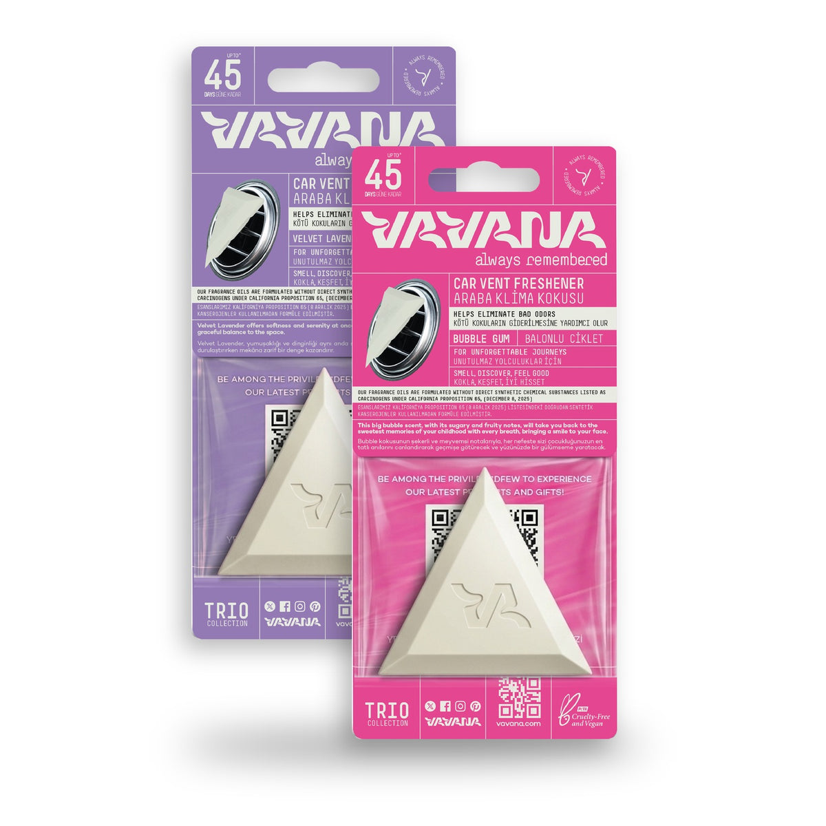 TRIO Car Air Freshener 2-Pack - Velvet Lavender, Bubble Gum
